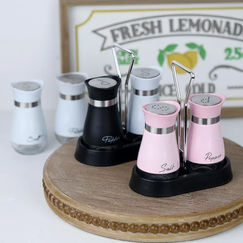 Vista 7 de Juego de 2 saleros y pimenteros de acero inoxidable y vidrio con soporte (NEGRO Y BLANCO)