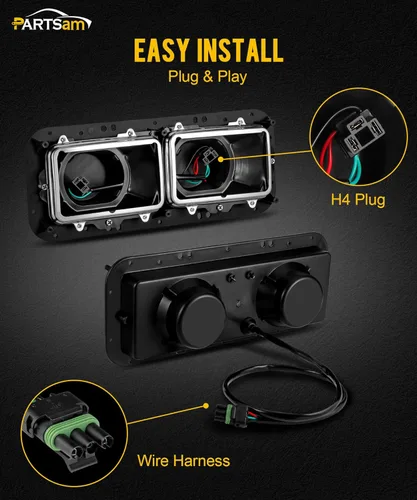 Vista 4 de Base de carcasa de faro PARTSam con enchufes H4, arneses de cableado, bisel de acero inoxidable de repuesto para Kenworth T600 T800 W900, Peterbilt