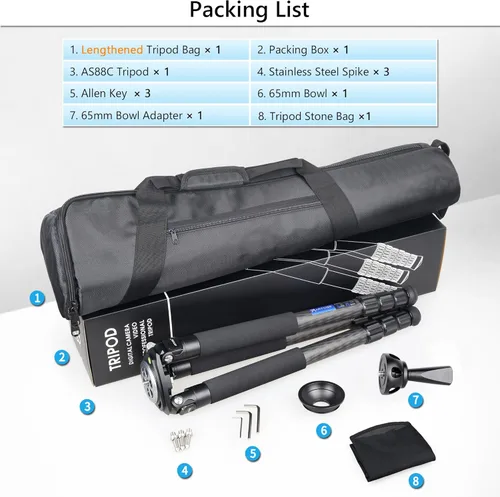 Vista 8 de ARTCISE Trípode de fibra de carbono AS88C con cuenco de 2.953 in y adaptador, trípode para cámara resistente, 10 capas, tubo de pierna de 1.417 in