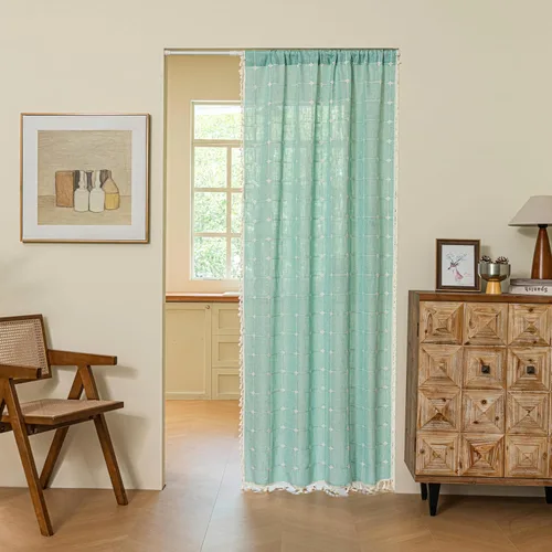 Vista 2 de Sutuo Home Cortinas de puerta francesa para puerta de patio, cortinas de lino semiopacas bohemias con borlas, tiras de granja a cuadros, decoración