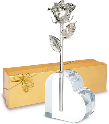 Forever Rose Rosa real sumergida en plata, rosa preservada hecha a mano en jarrón de corazón acrílico y caja de regalo dorada de lujo, regalo