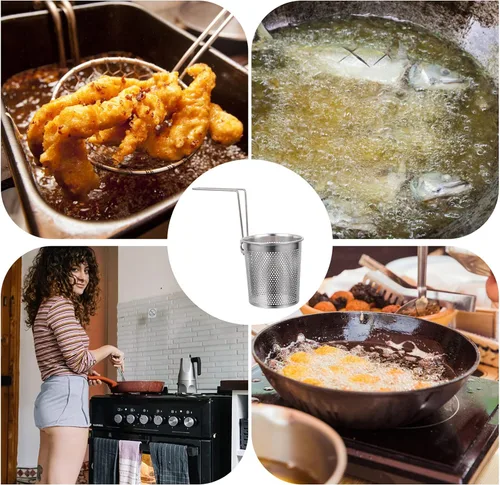 Vista 6 de Cesta redonda de acero inoxidable para freír chips franceses de malla de alambre para freír fideos con asa, herramienta de cocción de patatas