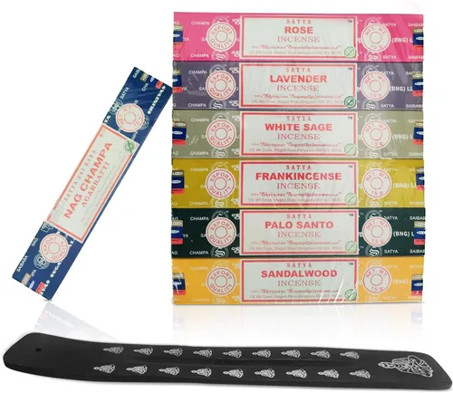 Paquete variado de varillas de incienso con soporte de madera | Nag Champa, rosa, lavanda, salvia blanca, incienso, palo-santo y sándalo | Incienso