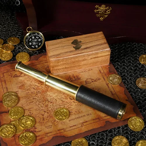Vista 2 de Mythrojan Telescopio de mano de latón de 6 pulgadas Mini Spyglass con caja de madera, binocular pirata, accesorio de cosplay decorativo monocular