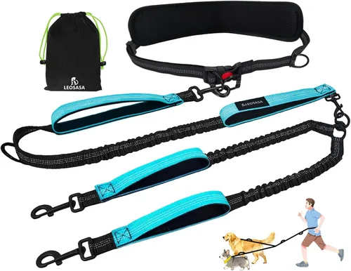 Correa doble manos libres para perros para dos perros, correa doble sin enredos sin tirones con cinturón acolchado ajustable y costuras