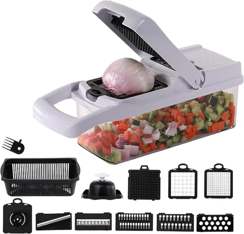 Picador de verduras: Picador de alimentos 10 en 1, cortador de verduras de cebolla, cortador de verduras con contenedor, 7 cuchillas, utensilios de