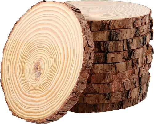 Vista 9 de JEUIHAU 6 piezas de rebanadas de madera natural sin terminar de 8 a 10 pulgadas, discos redondos de madera para corteza de árbol, círculos de madera