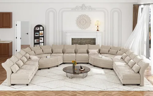 Vista 21 de LLappuil Sofá modular en forma de L con almacenamiento y asiento hexagonal extragrande, sofá modular curvado para sala de estar con brazos y Pana