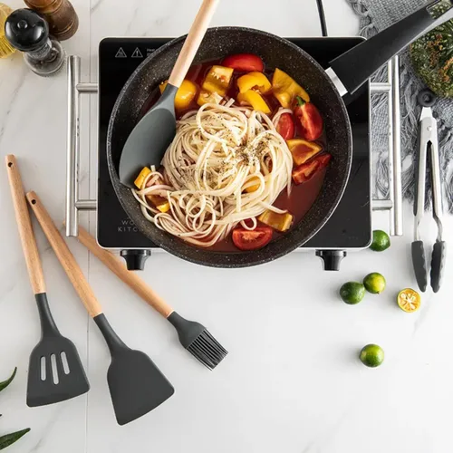 Vista 6 de 34 Pcs Non-Stick Silicone Cooking Utensils Set with Holder Sturdy Insulation Wooden Handle Heat Resistance Silicone Spatula Spoon Kitchen Gadgets