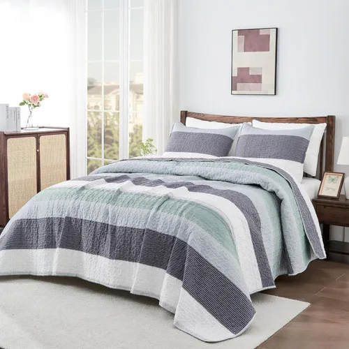 Vista 6 de Andency Juego de ropa de cama tamaño Queen, 3 piezas de retazos verde menta, a rayas, ultra suave, ligero, juego de colcha con 2 fundas de almohada