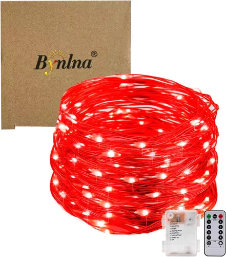 Vista 7 de Cadena de luces, luces LED de alambre de cobre, cada juego de 33 pies/32.8 ft 100 LED y 9 controles remotos. Funciona con pilas AA, luces Rojo