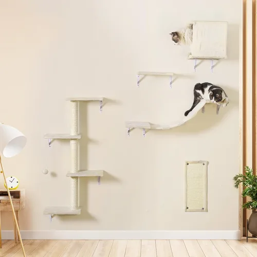 Muebles modernos para gatos montados en la pared, 5 estantes de pared para gatos, escalador de madera incluye casa, puente, árbol, escalones y