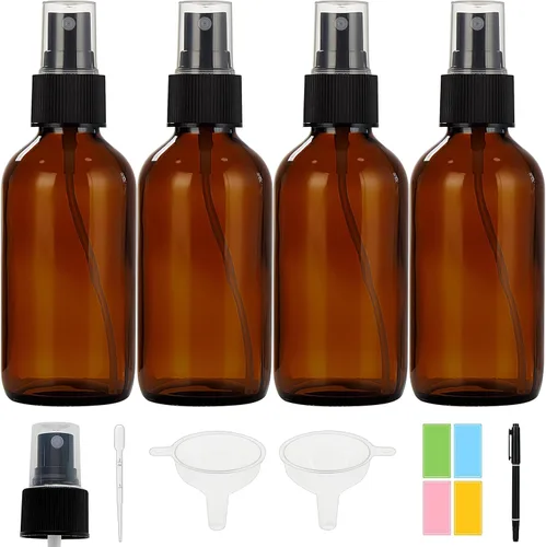 Botellas rociadoras de vidrio ámbar oscuro de 4 onzas, botellas pequeñas de vidrio para aceites esenciales, niebla fina para cara, cabello, plantas,
