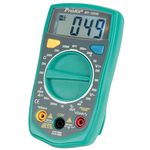 Pro'sKit MT-1233D Mustimetro digital, 3 1/2 dígitos 1999 cuentas, DCV 500V, ACV 500V, DCA 10A, resistencia 200MΩ, salida de señal cuadrada 50Hz
