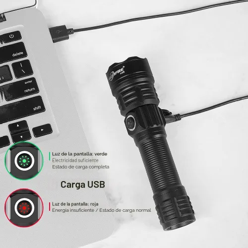 Vista 8 de Linterna táctica recargable USB tipo C de 6000 lúmenes, linterna LED con zoom impermeable con interruptor de presión, riel Picatinny
