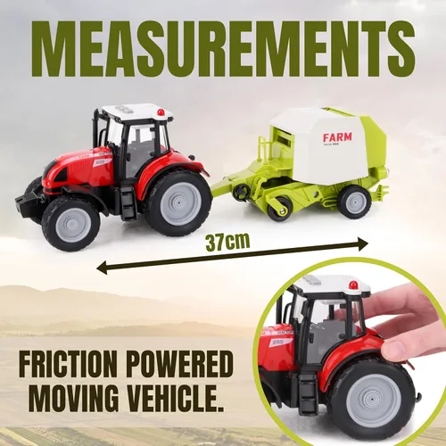 Vista 4 de Toyland® Tractor y remolque rojo de 14.6 in con luces y sonido - Juguetes de granja para niños (tractor y empacadora)