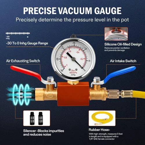 Vista 8 de VTG VOGTEN Cámara de vacío de 1.5 galones con bomba, kit de cámara de desgasificación de acero inoxidable 304 con bomba de vacío de 4.5 CFM 1/3HP