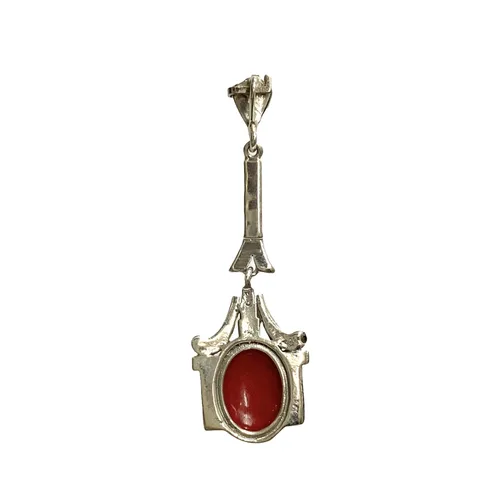 Vista 4 de Art Deco Style Red Coral with Marcasite Long Drop Set Pendant and Earrings 925 Sterling Silver (Only Earrings)