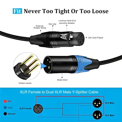 Vista 3 de Cable divisor XLR, hembra a doble macho Y (divisor XLR 1 hembra a 2 macho), adaptador de audio de cable divisor de micrófono equilibrado - 1.6