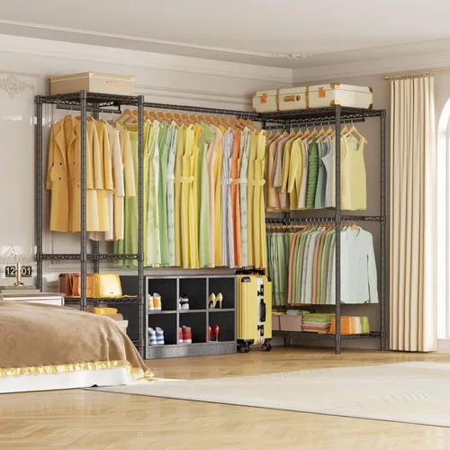 Vista 7 de ULIFHOME E10L - Perchero en forma de L para esquina (con barra de suspensión expandible), resistente y independiente para colgar ropa, perchero