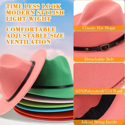 Vista 3 de Yahenda 12 sombreros clásicos de ala ancha para mujer, sombrero de Panamá de fieltro ajustable a granel con hebilla de cinturón, sombrero de ala