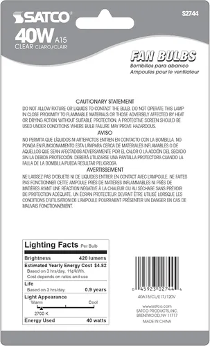 Vista 3 de Satco S2744 - Bombilla A15 de 120 V, base intermedia, 40 W, transparente, color blanco