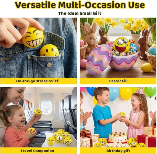 Vista 6 de LovesTown Mini bolas antiestrés, 36 bolas de 2 pulgadas con cara sonriente para apretar, color amarillo, divertidas, de espuma, juguetes