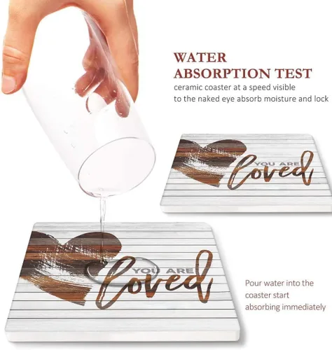 Vista 3 de Britimes Juego de 6 posavasos para bebidas, tapete cuadrado absorbente de madera desgastada, con base de corcho y soporte de metal, regalo