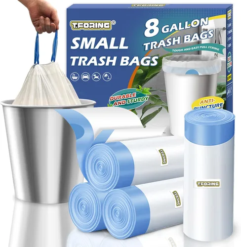 Vista 10 de Bolsas de basura de 2 galones con cordón de 0.96 mil - 120 unidades Bolsas de basura pequeñas sin aroma, blancas Forros mini para botes de basura