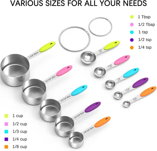 Vista 3 de TILUCK Juego de tazas y cucharas medidoras, acero inoxidable, utensilios de cocina para cocinar y hornear (10)