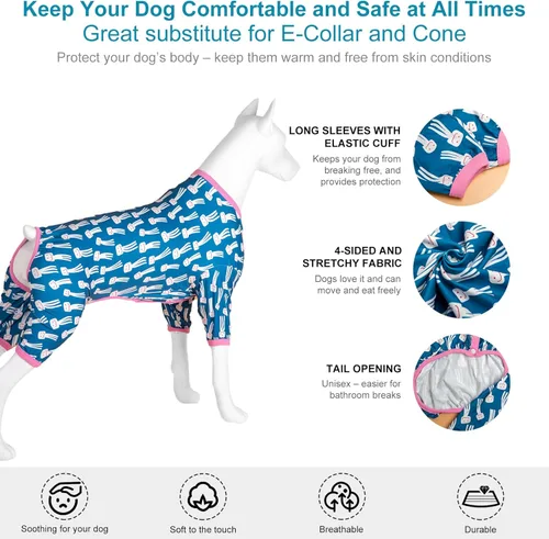 Vista 5 de LovinPet Overol grande para perro, pijama para perro, tela elástica ligera, overol de perro con estampado de pulpo azul, mameluco para perros