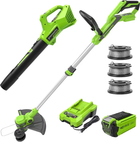 Greenworks Kit combinado de herramientas de patio inalámbricas de 40 V con batería de 2.0 Ah y cargador - Recortadora de cuerda de alimentación