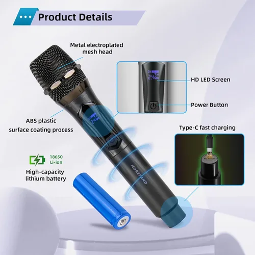 Vista 3 de Sistema de micrófono inalámbrico, micrófonos cardioides de mano duales con DSP, pantalla LCD, 2.4 GHz, para karaoke, sistema de audio, micrófono