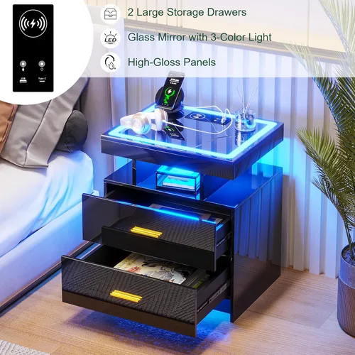 Vista 6 de HNEBC Mesita de noche LED con estación de carga (puertos USB, puertos tipo C), mesa de noche de alto brillo con 2 cajones, mesita de noche
