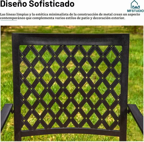 Vista 7 de MFSTUDIO Juego de 4 sillas de comedor apilables para patio, hierro forjado Patrón de red