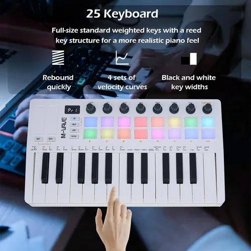 Vista 5 de M-VAVE 25 Teclas 16 Almohadillas de Batería Retroiluminadas Teclado MIDI – Creador de Ritmos Profesional y Keytar para Producción Musical de Teclado