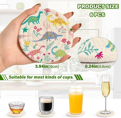 Vista 3 de Dinosaurs Cute Pattern Drink Coasters Absorbent Coasters for Drinks Set of 6 with Holder Table Cup Coasters Home