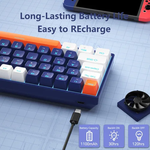 Vista 5 de XISOGUU Teclado mecánico inalámbrico 61%, modos BT5.02.4Gcableado, retroiluminado ultra compacto 68 teclas teclado para juegos con flecha