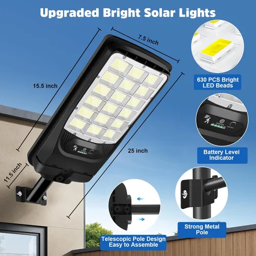Vista 5 de Solar Street Lights Outdoor, 21000LM 6500K Motion Sensor Solar Lights Waterproof, Dusk to Dawn Solar-Powered Flood Lights with Remote, Commercial