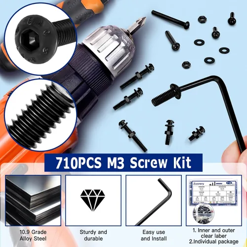 Vista 2 de Kit surtido de tornillos M3 de 710 piezas, tornillos M3 x 6/8/10/12/16/20/25/30mm, tornillos M3 de acero de aleación de grado 10.9, tornillos
