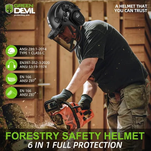 Vista 6 de Casco de seguridad para motosierra forestal GREEN DEVIL con orejeras Bluetooth Casco de arborista Casco duro con visera incorporada Protector facial