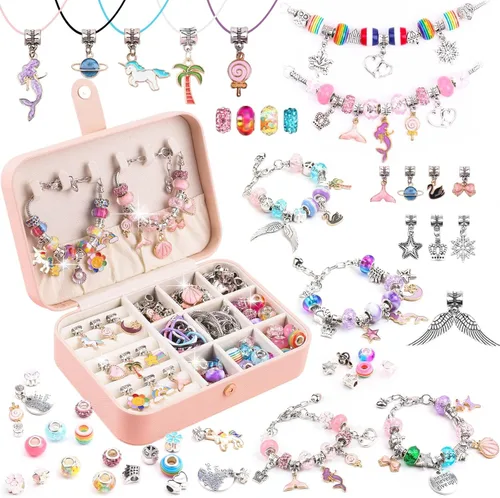 UFU Kit de fabricación de pulseras con dijes, 120 piezas, kit de fabricación de joyas para manualidades, regalo para niñas de 5, 6, 7, 8-12, un