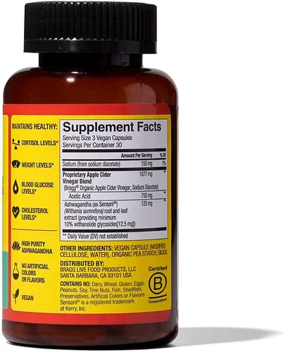 Vista 8 de Bragg Daily Balance - Cápsulas de vinagre de sidra de manzana y Sensoril Ashwagandha - 750 mg de ácido acético - Soporte para el control de energía