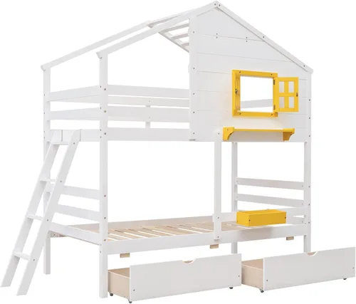 Vista 289 de Cama de casa de tamaño individual con elegantes ventanas y estantería, litera con diseño de castillo de madera con barandillas de seguridad