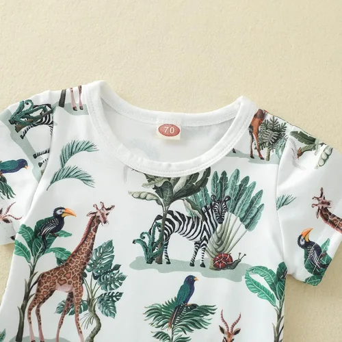 Vista 2 de Conjunto de ropa de verano para bebés y niños pequeños, mameluco de manga corta con estampado de animales de bosque, conjunto de 2 piezas