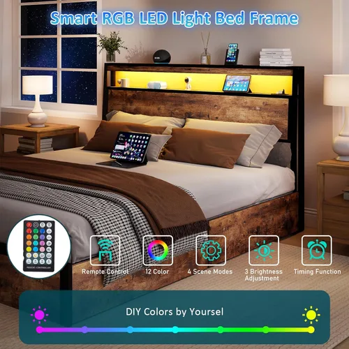 Vista 3 de SADENICEL Base de cama de tamaño matrimonial con almacenamiento, plataforma de cama de madera LED con cabecero, 4 cajones, estación de carga,