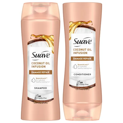 Suave Juego de champú y acondicionador de infusión de aceite de coco, champú y acondicionador hidratante para cabello seco dañado, 12.6 oz Ea (juego