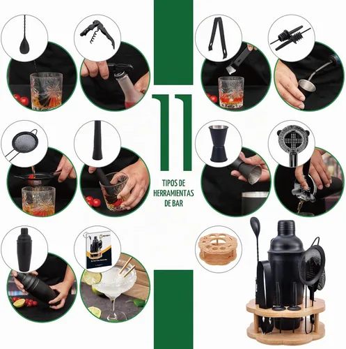 Vista 3 de Juego de coctelera para barman con soporte giratorio de bambú, juego de 11 piezas de accesorios de bar de acero inoxidable para mezclar bebidas