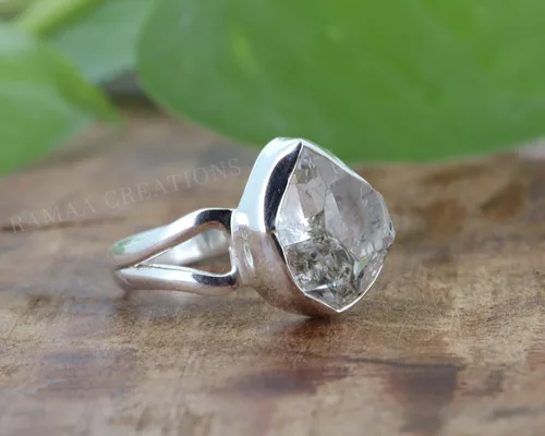 Vista 5 de Anillo de diamante Herkimer crudo Anillo de plata hecho a mano con piedra natal de abril Anillo Herkimer natural Plata maciza de ley 925