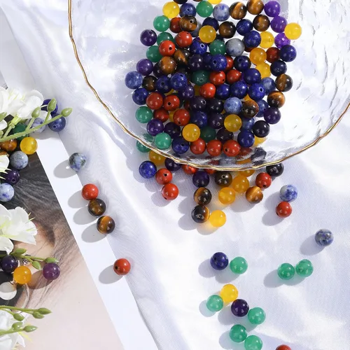 Vista 3 de Cuentas de piedra natural de 7 chakras de 0.394 pulgadas, 100 cuentas redondas de cristal, piedras preciosas sueltas, multicolor, mezcladas